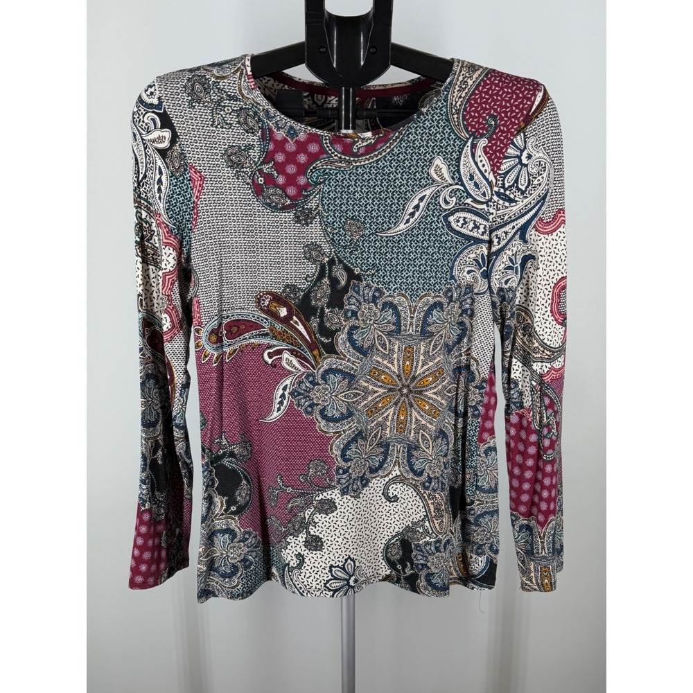 Chicos Mixed Paisley Patchwork Print Long Sleeve Top Burgundy Teal Size 0‎